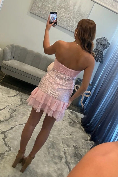 Strapless Pearl Embellished Mini Dress with Bow