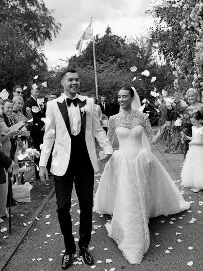 Embroidered High-Neck Ball Gown Wedding Dress with Pockets