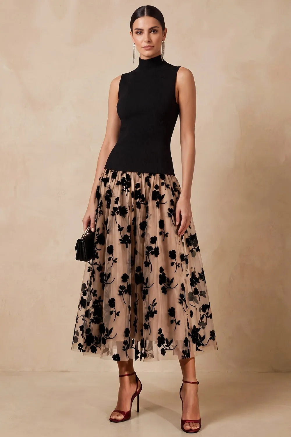 High-Neck Sleeveless Floral Midi Dress
