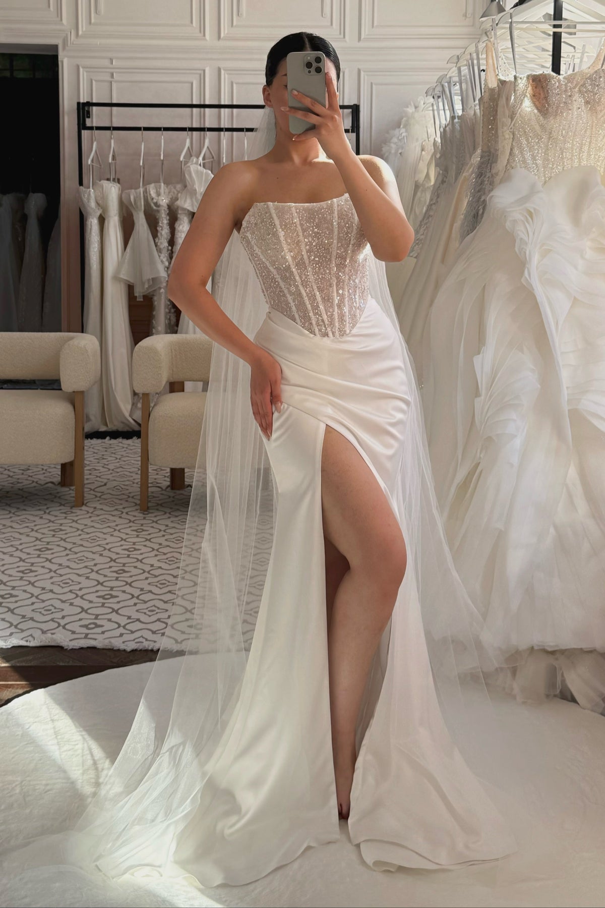 Strapless Beaded Corset Gown with High Slit