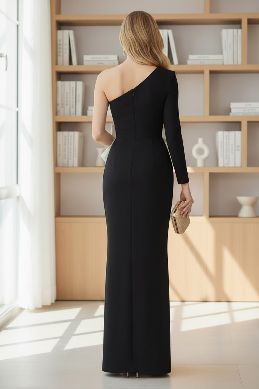 Black One-Shoulder Long Sleeve Crepe Mermaid Gown with White Bow