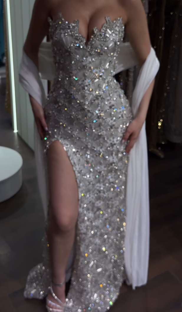 Strapless Crystal Embellished High Slit Gown with Shawl