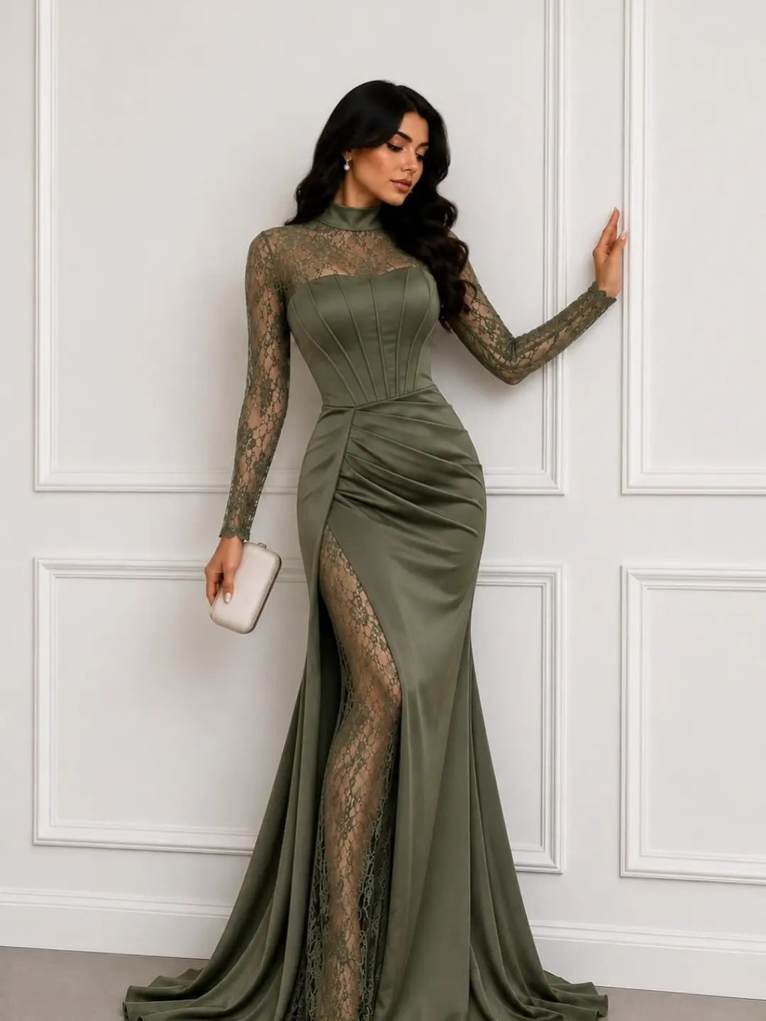 High Neck Lace & Satin Gown with High Slit