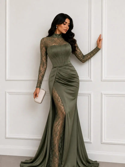 High Neck Lace & Satin Gown with High Slit