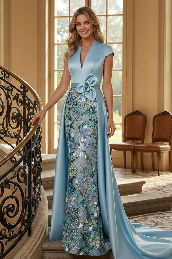 Cap Sleeve Satin Gown with Embroidered Underskirt