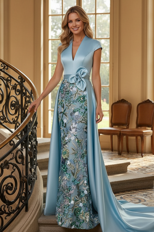 Cap Sleeve Satin Gown with Embroidered Underskirt