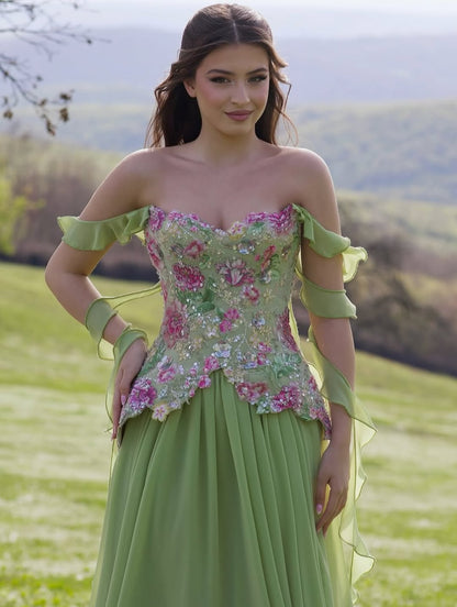 Floral Embroidered Chiffon A-Line Gown