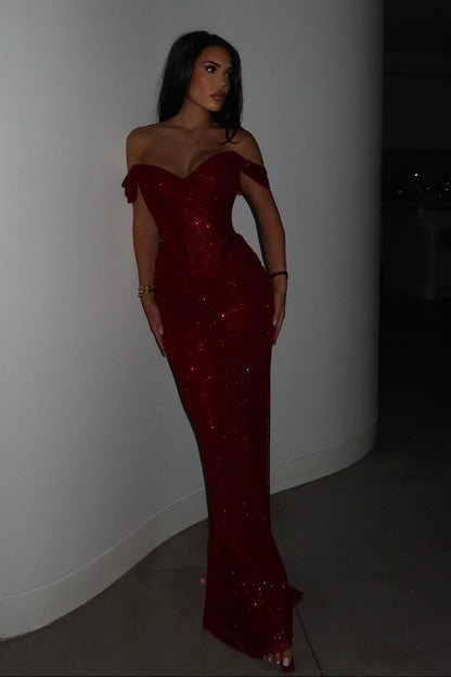 Off-the-Shoulder Glitter Mermaid Gown