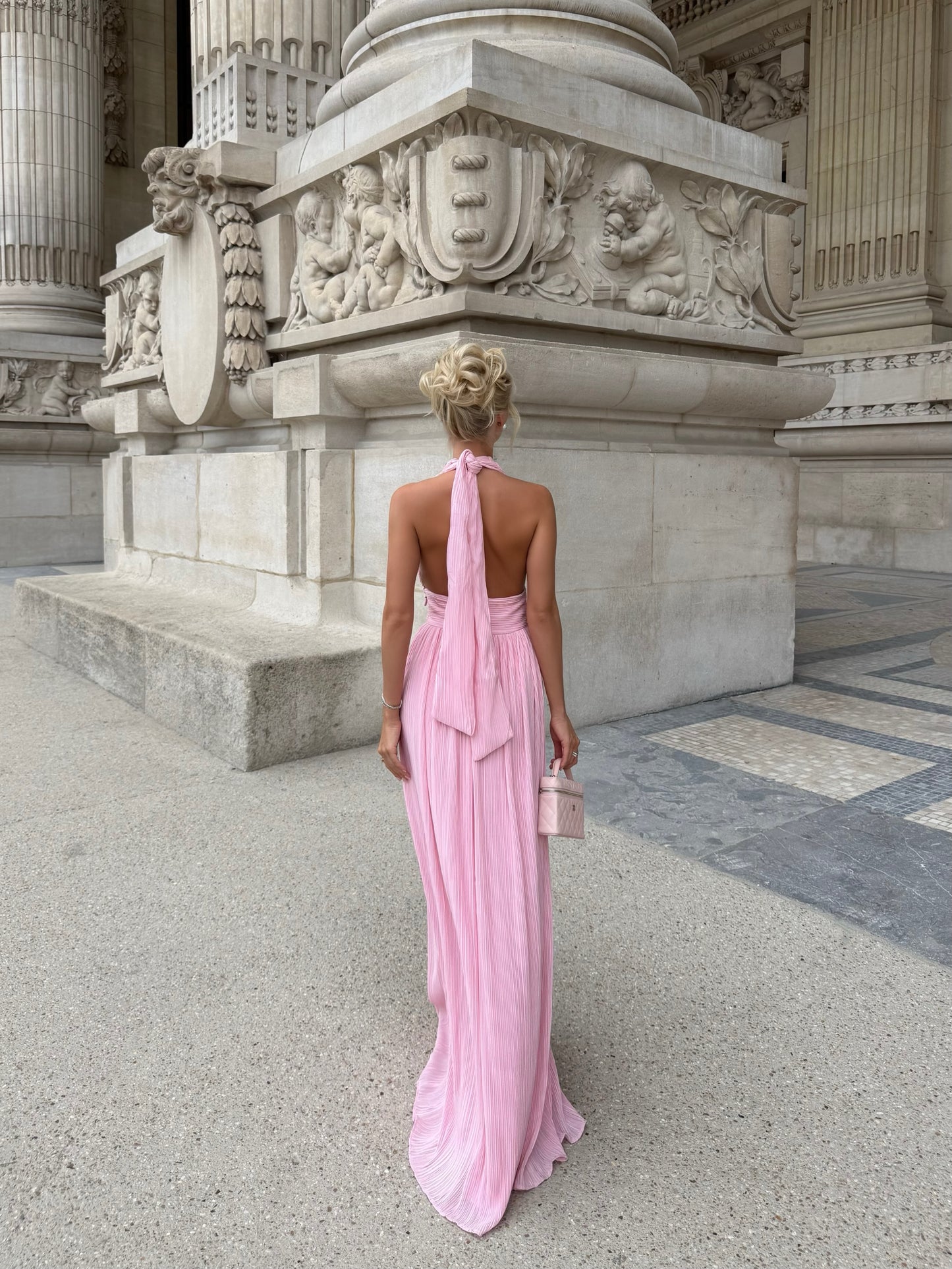 Pleated Plunge Halter Maxi Dress with Tie Back