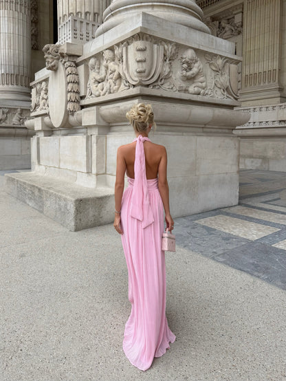 Pleated Plunge Halter Maxi Dress with Tie Back
