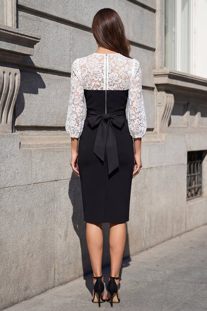 Lace Bodice Midi Sheath Dress with Waist Tie
