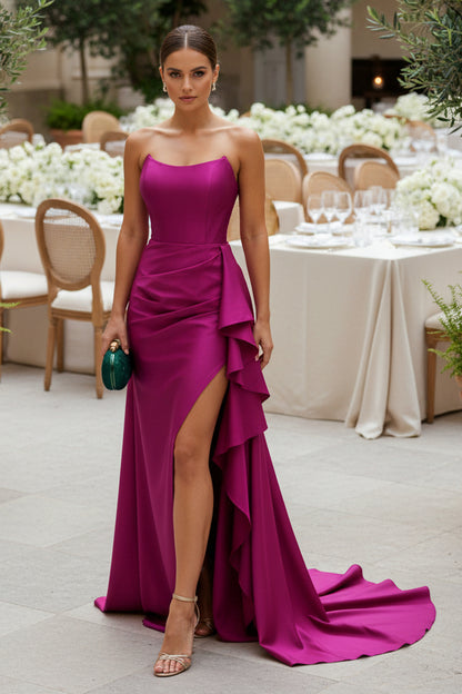 Strapless Satin Evening Gown with Ruffled High Slit