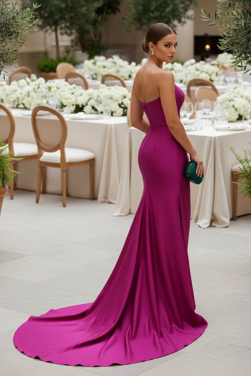 Strapless Satin Evening Gown with Ruffled High Slit