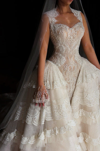 Beaded Lace Ball Gown Wedding Dress with Tiered Skirt