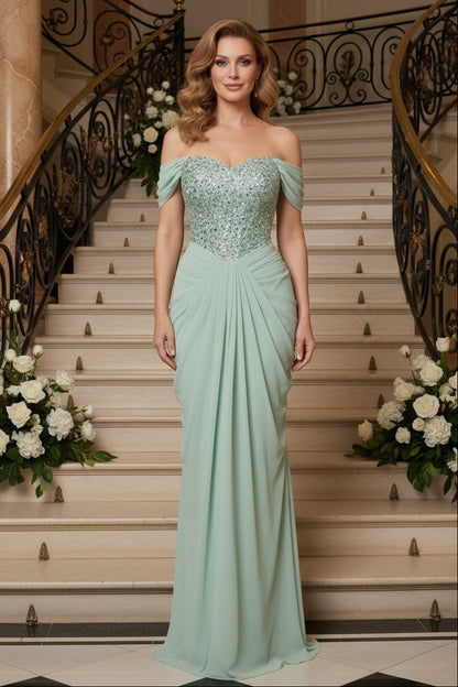 Off Shoulder Sequin Bodice Draped Evening Gown