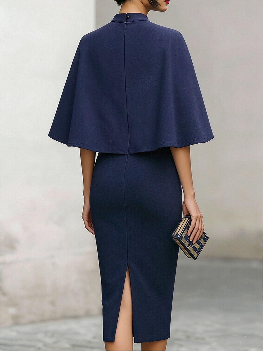 High-Neck Cape Midi Sheath Dress