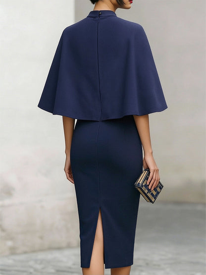 High-Neck Cape Midi Sheath Dress