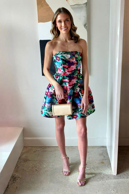 Strapless Fit and Flare Floral Print Mini Dress