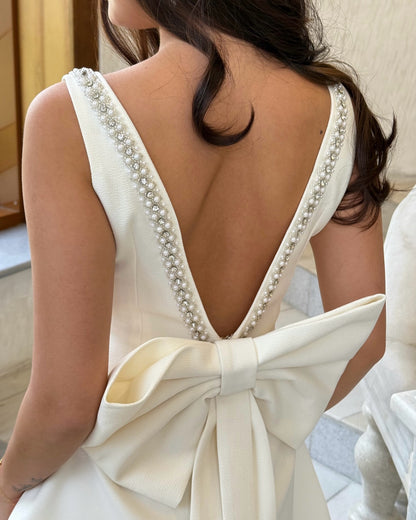 Pearl-Trimmed Mini Dress with Statement Back Bow