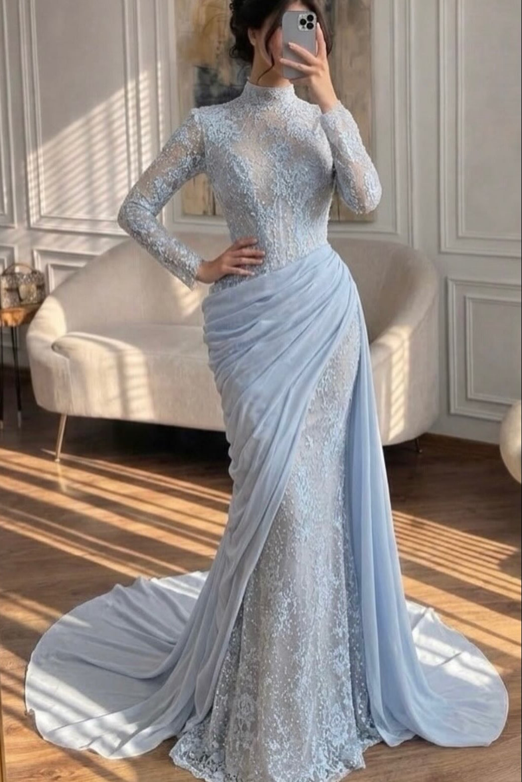 High-Neck Lace Evening Gown with Draped Train