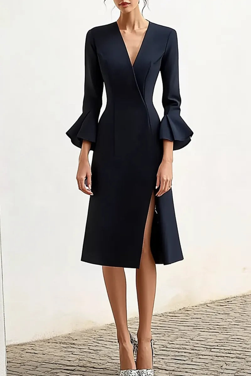 V-Neck Midi Dress with Bell Sleeves and Slit