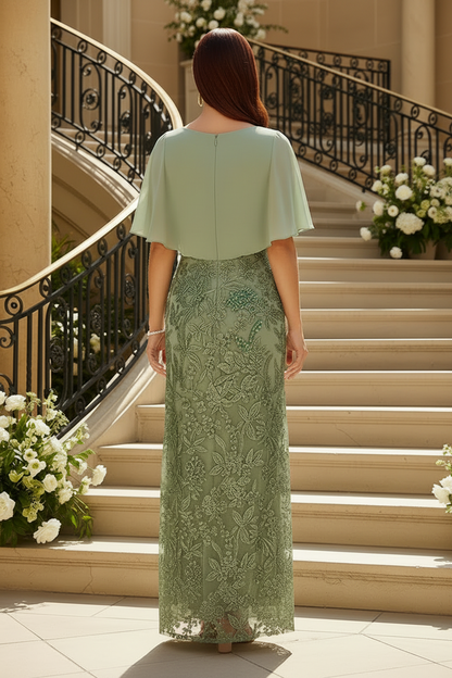Chiffon Cape A-Line Gown with Embroidered Lace Skirt