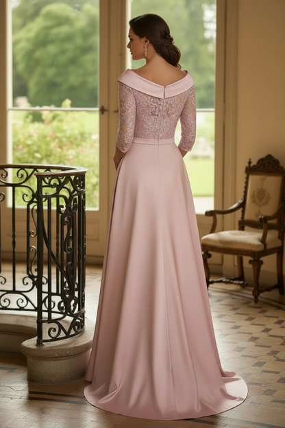 A-Line Satin and Lace Evening Gown with Pockets