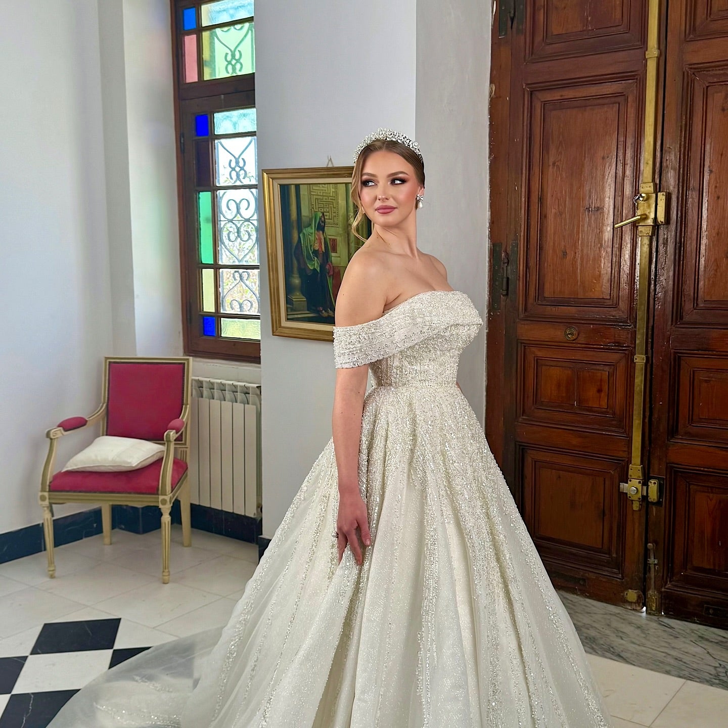 Off-The-Shoulder Beaded Ball Gown Wedding Dress