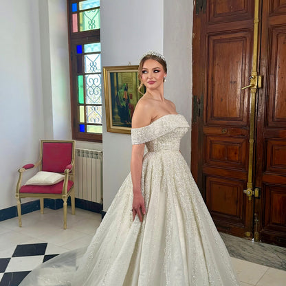 Off-The-Shoulder Beaded Ball Gown Wedding Dress
