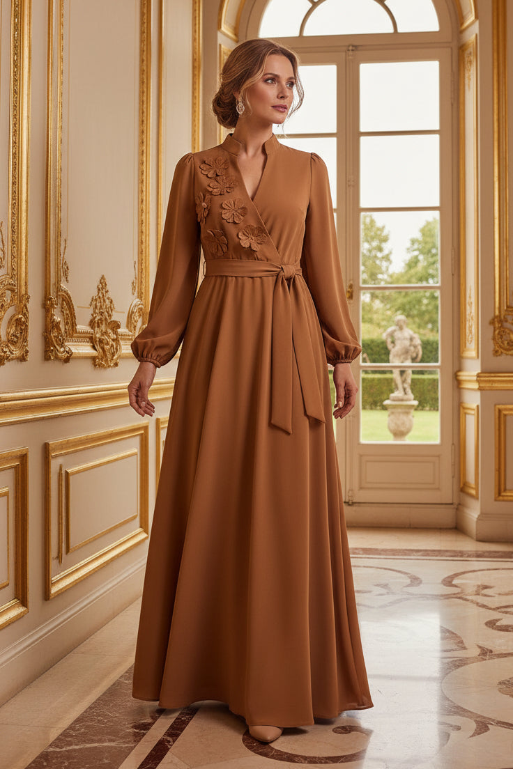 3D Floral Long Sleeve Wrap A-Line Maxi Dress