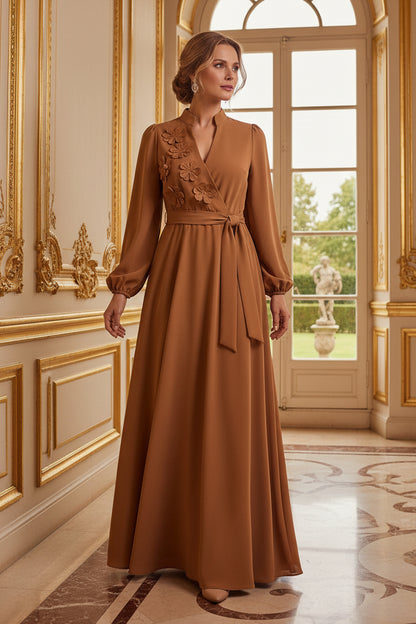 3D Floral Long Sleeve Wrap A-Line Maxi Dress