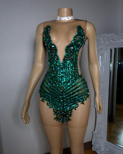 Plunging Illusion Beaded Bodycon Mini Dress