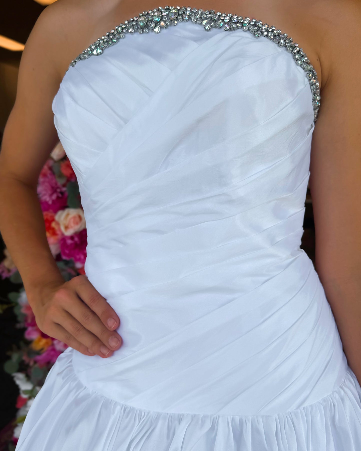 Strapless Rhinestone Trim Ruched Bubble Hem Mini Dress