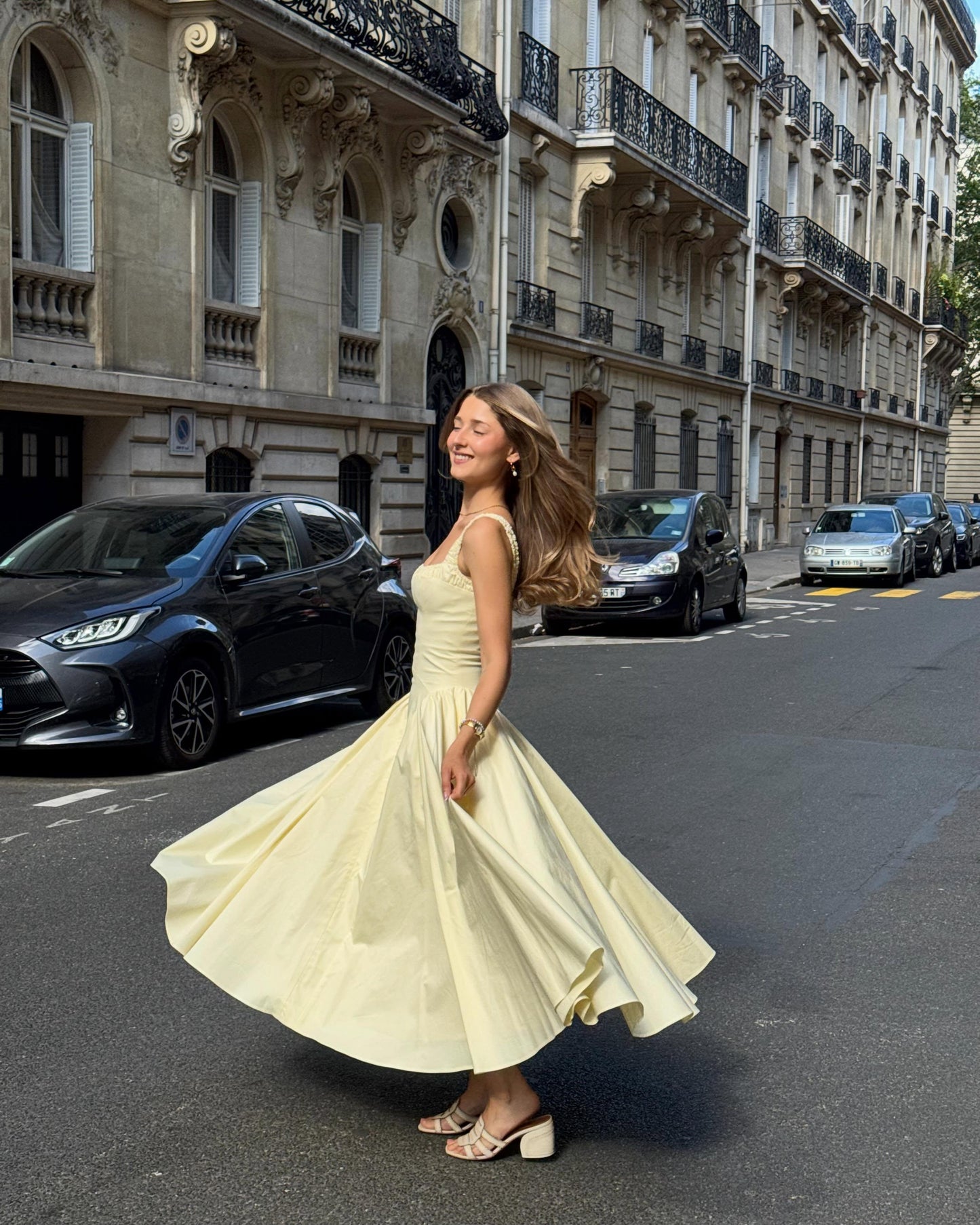 Vintage-Inspired Square Neck Cotton Midi Dress