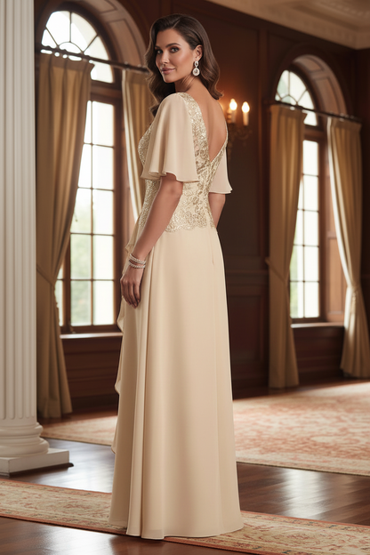 V-Neck Flutter Sleeve Embellished Evening Gown with Ruffles