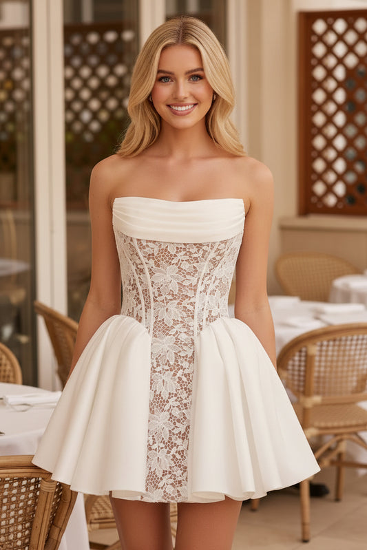 Strapless Corset Lace Mini Dress with Pleated Skirt