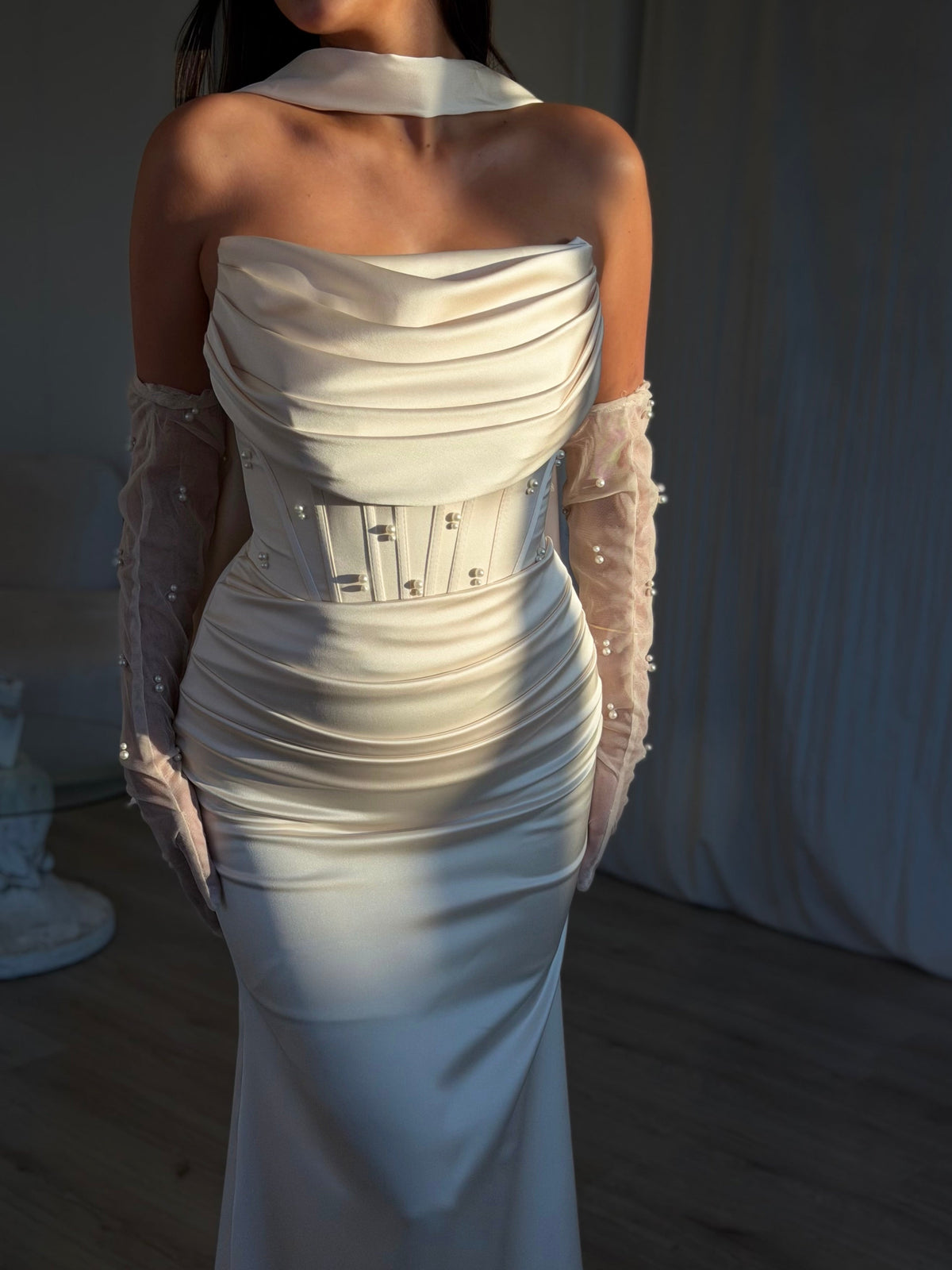Strapless Corset Satin Gown with Embellished Gloves