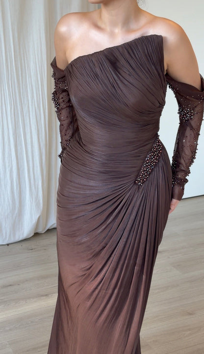 Pleated Asymmetrical Gown with Beaded Hip Accent