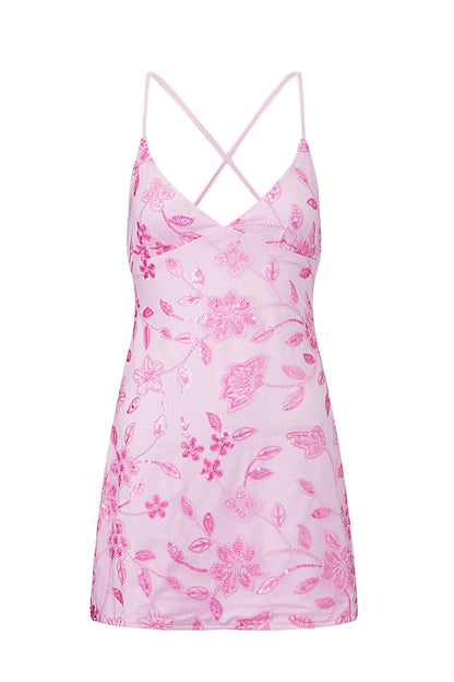Floral Embroidered Sequined Mini Slip Dress