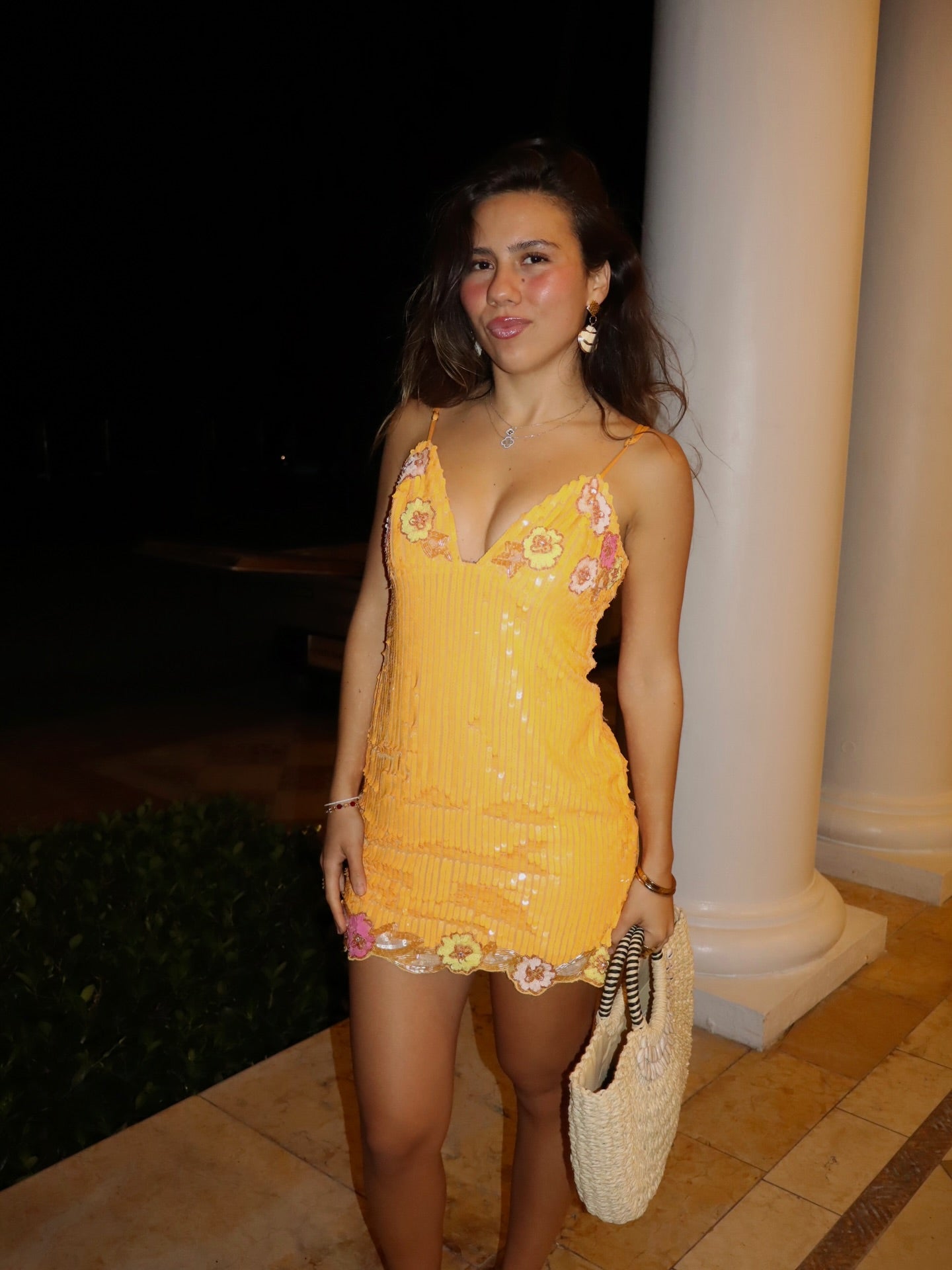 Sequin Slip Mini Dress with Floral Appliques