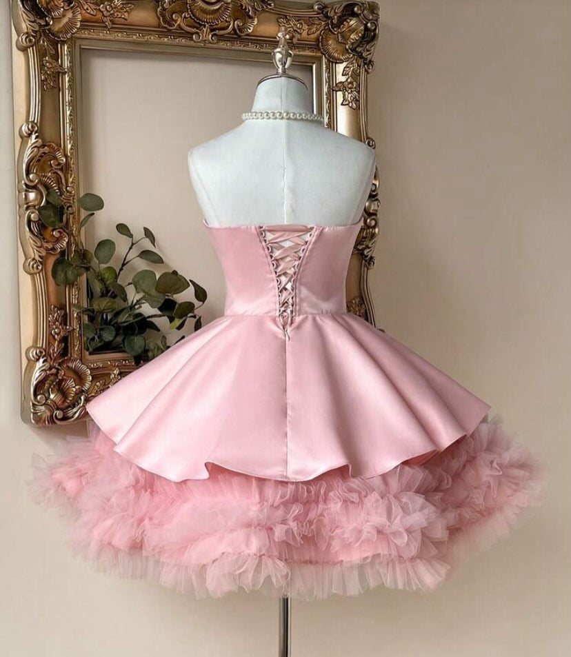 Strapless Satin and Tulle Tiered Mini Dress