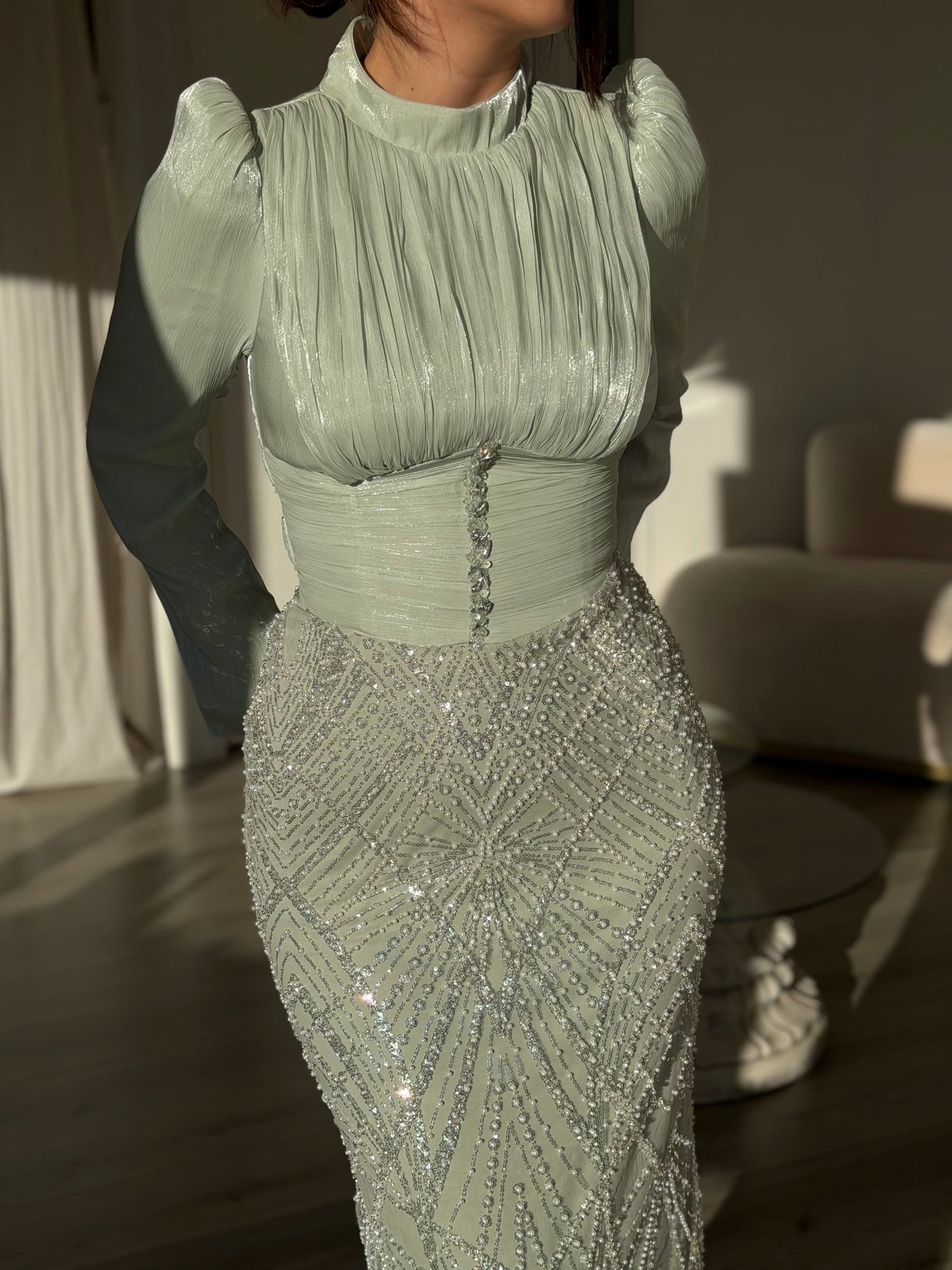 Beaded Sequin Mermaid Evening Gown with Long Sleeves