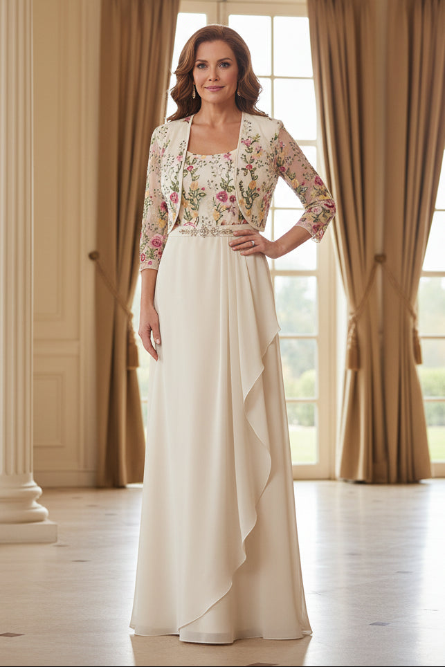 Floral Embroidered Gown with Sheer Jacket & Ruffle Skirt