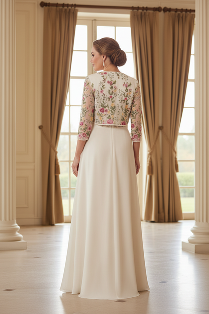 Floral Embroidered Gown with Sheer Jacket & Ruffle Skirt