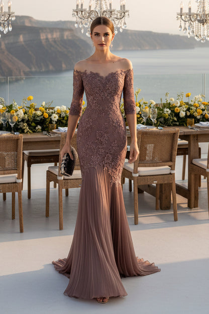 Illusion Lace 3/4 Sleeve Pleated Mermaid Gown