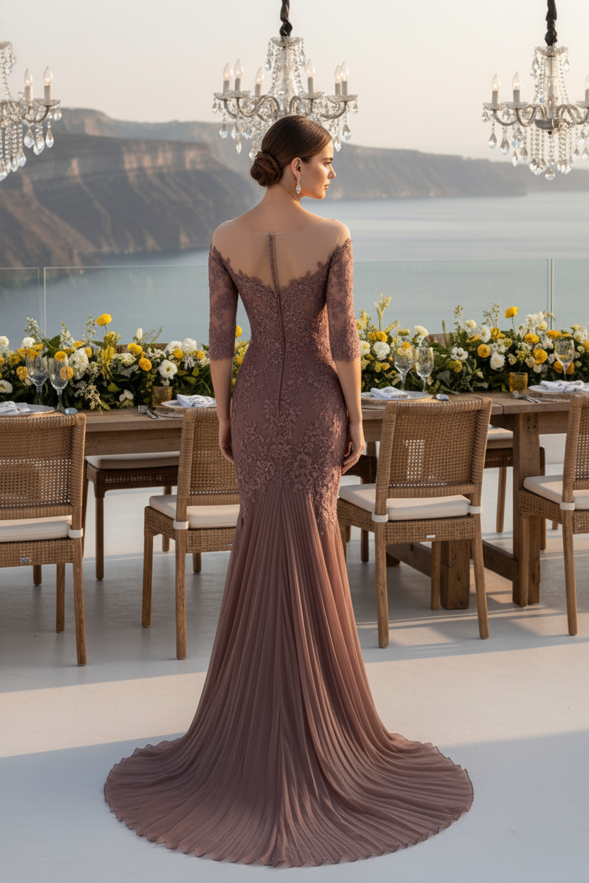 Illusion Lace 3/4 Sleeve Pleated Mermaid Gown