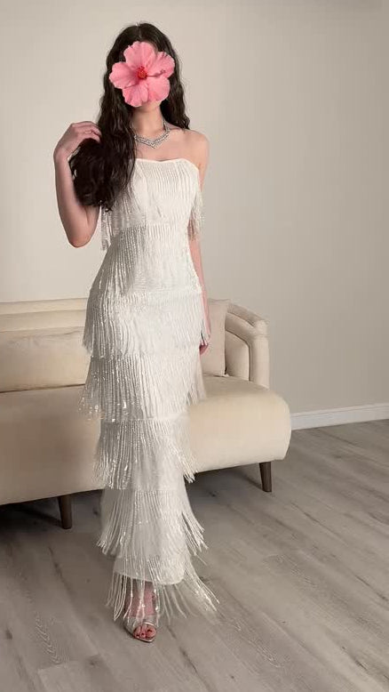 Tiered Fringe Sequin Column Maxi Dress