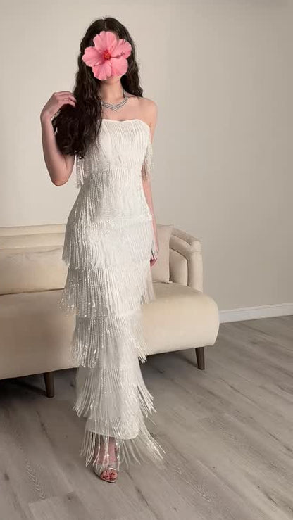 Tiered Fringe Sequin Column Maxi Dress