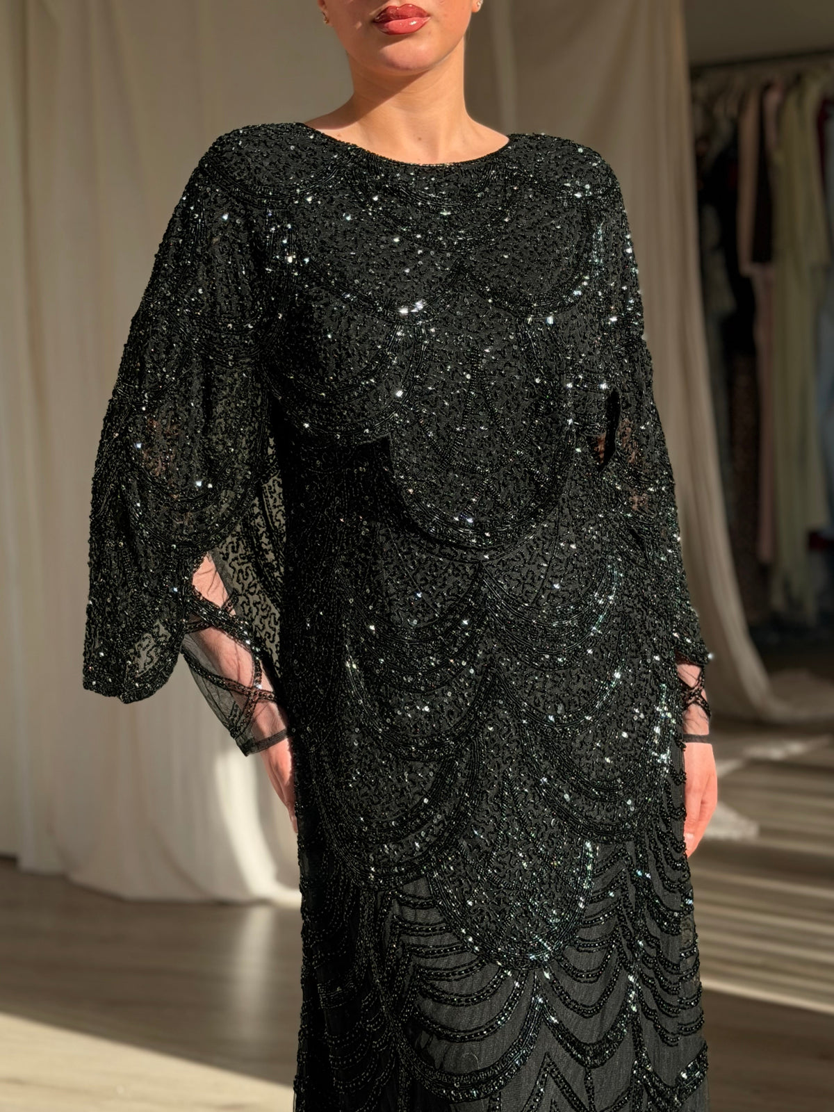 Beaded Capelet Evening Gown with Scalloped Motifs