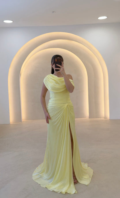 Draped One-Shoulder Column Evening Dress